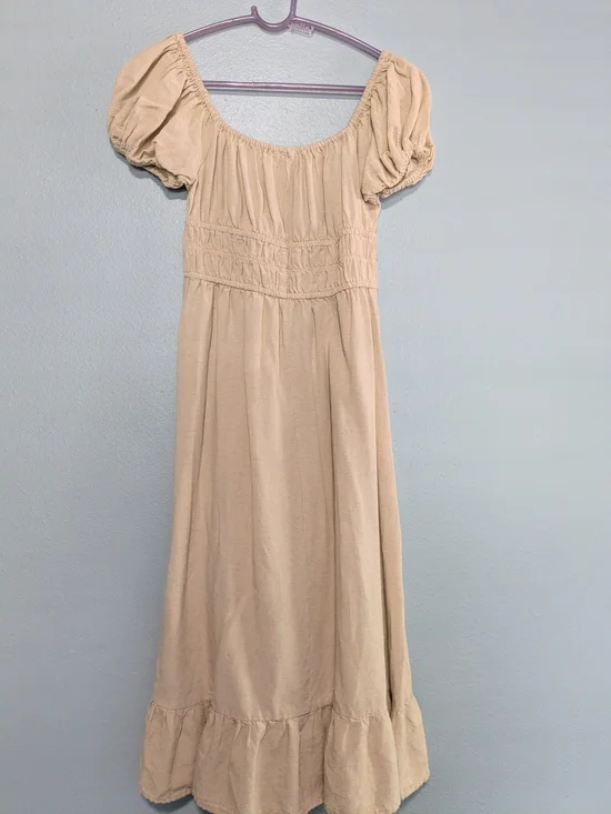 Beige Puff-Sleeve Maxi Dress Linen Blend - Picture 4 of 4